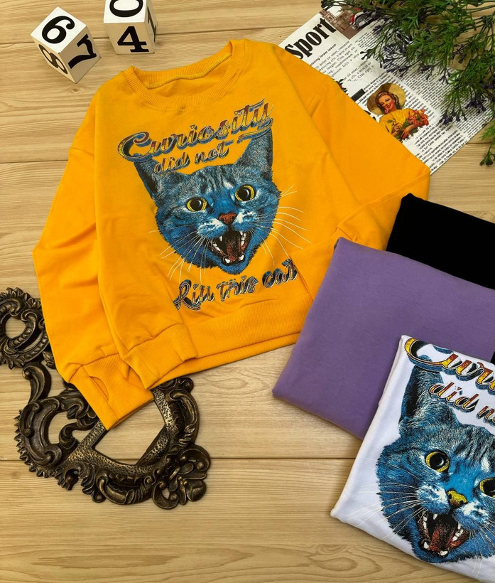 خرید بلوز تک دخترانه نخی طرح چاپ گربه