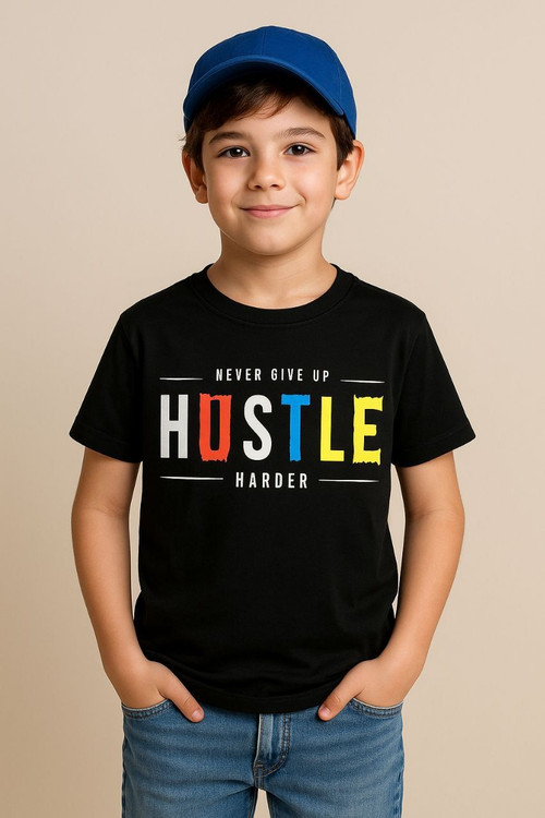 خرید تیشرت تک مشکی پسرانه ⚜طرح چاپHUSTLE ⚜